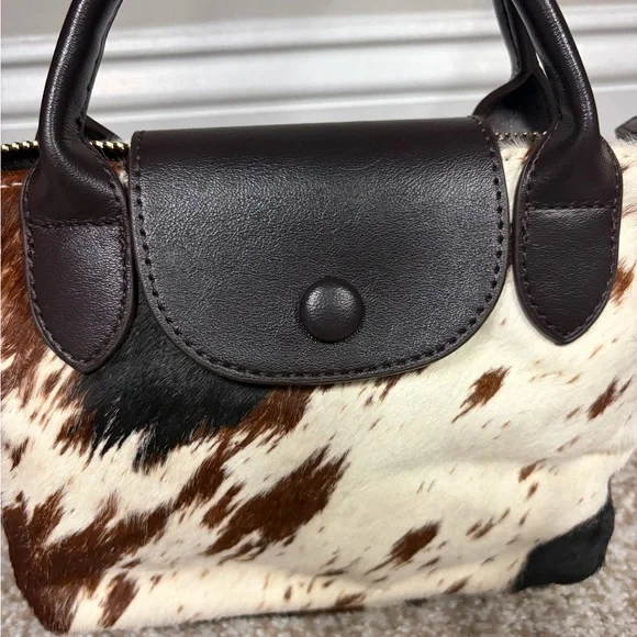NWT House of Harlow Brown White Black Genuine Cow Hide Leather Le Pliage Bag - Picture 2 of 5